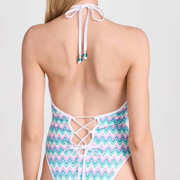 l*space Mirabella Chevron Classic One Piece Beaded Tie Halter Swimsuit Small - Picture 3 of 8